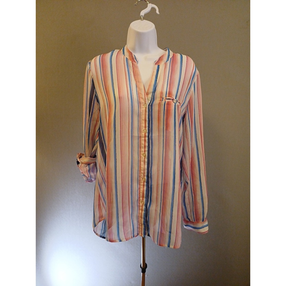 Kut From The Kloth Sz MEDIUM Blue Pink Stripe Semi-Sheer Jasmine Blouse EUC